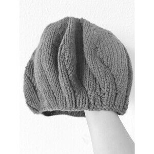 Ruth Cross Hand Knit Lambswool Beanie Hat Gray Sculptural Rib UK Artisan Wool